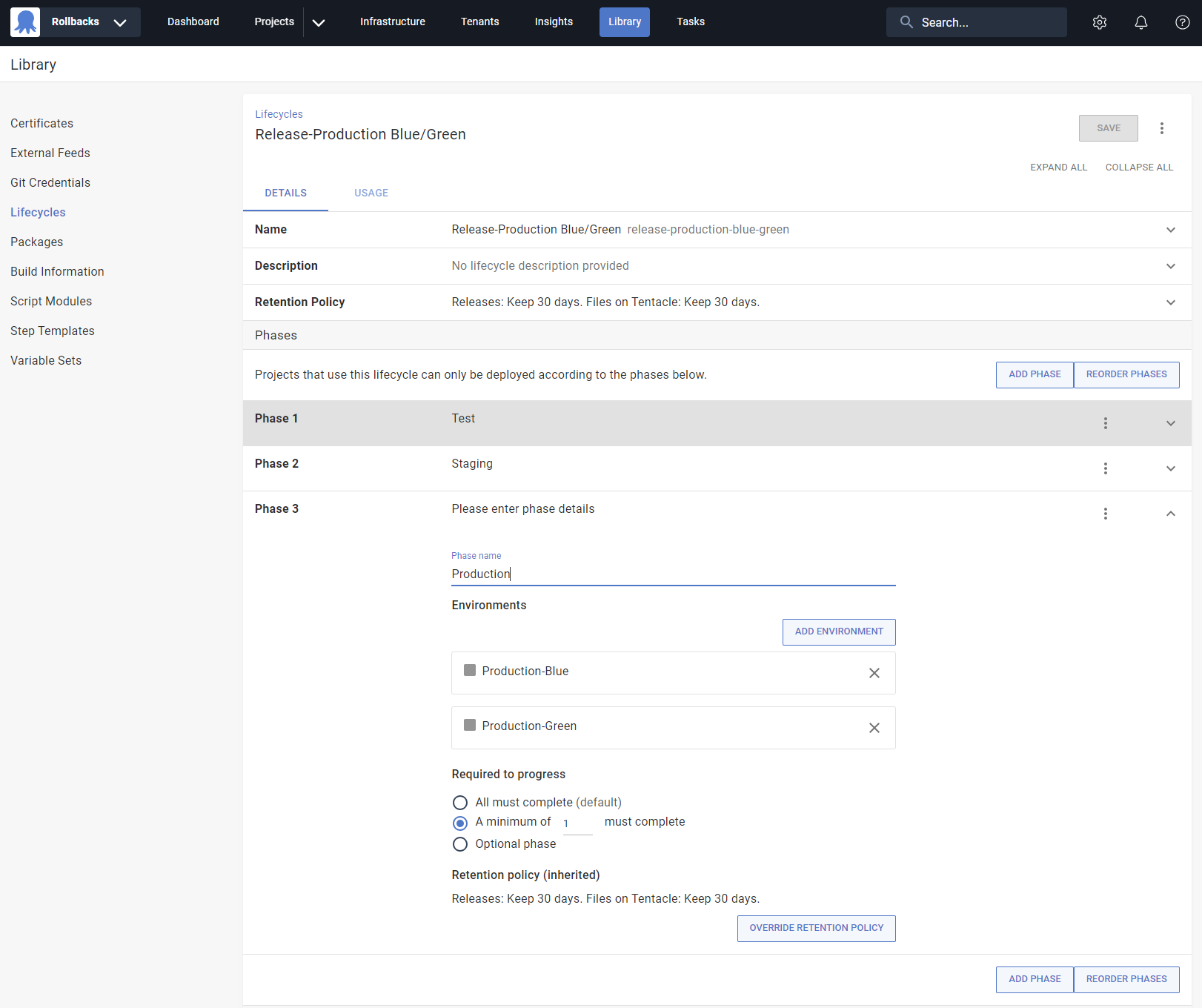 The new lifecycle with the production phase including the new environments.