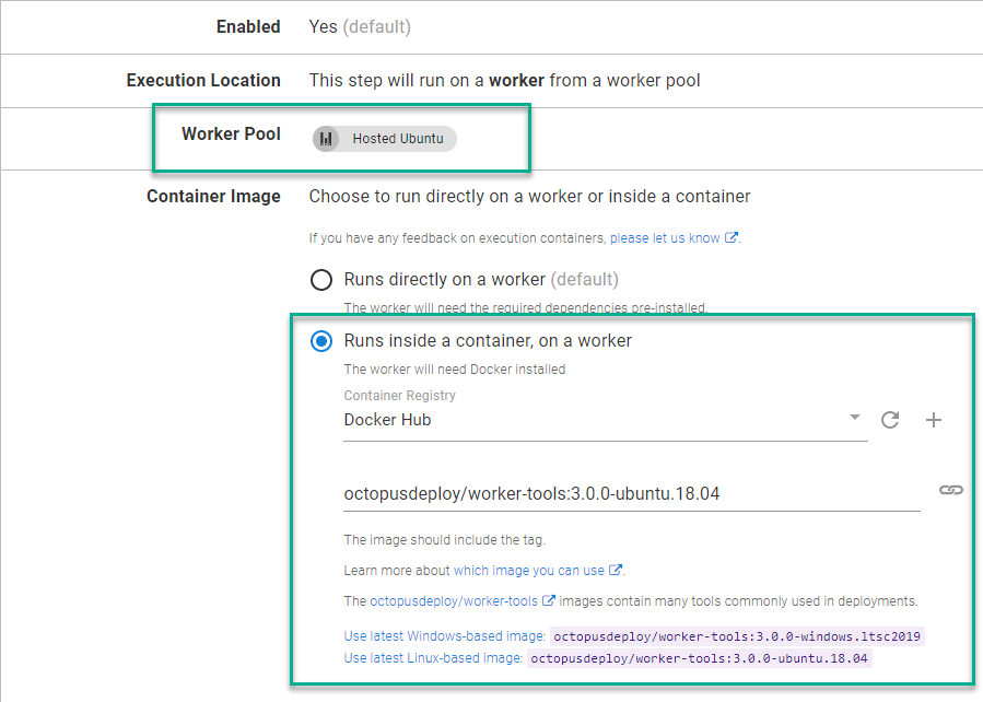 Octopus Cloud dashboard with Hosted Ubuntu Worker Pool and Docker Hub Container Registry selected.