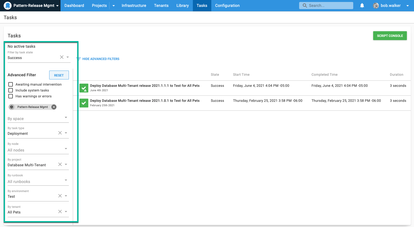 Task log with advanced filters