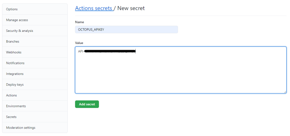Encrypted Secret in GitHub repository screenshot