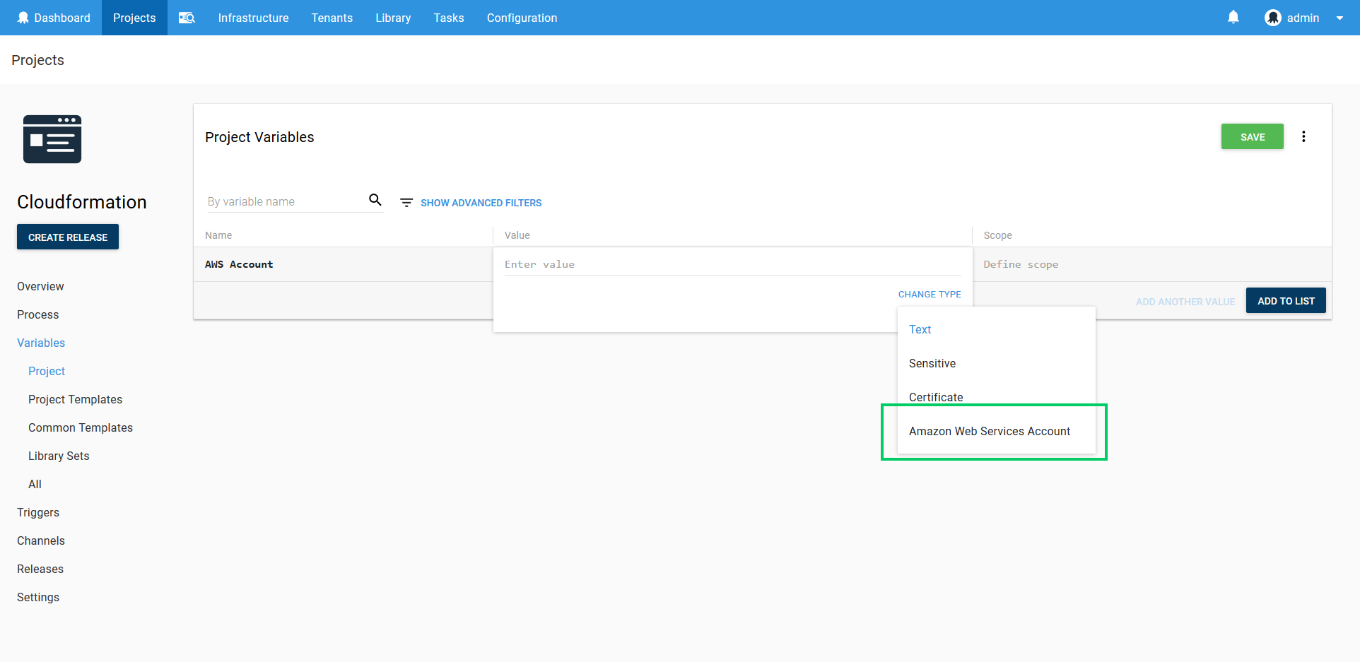 AWS Account variable screenshot