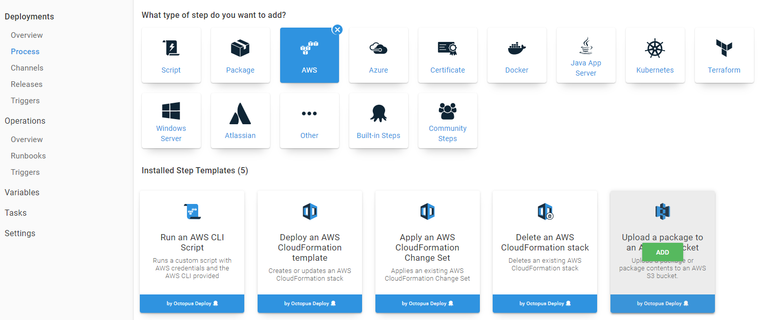 Upload to S3 bucket step template screenshot