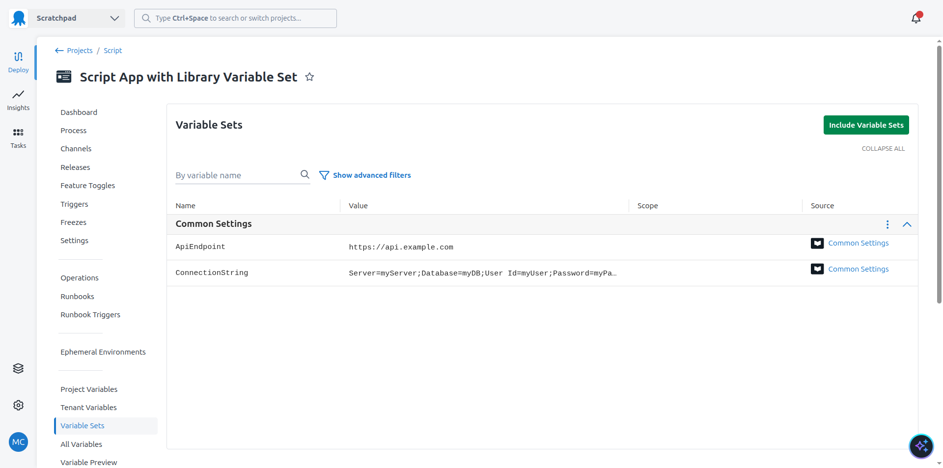 Library variable set attached to a project