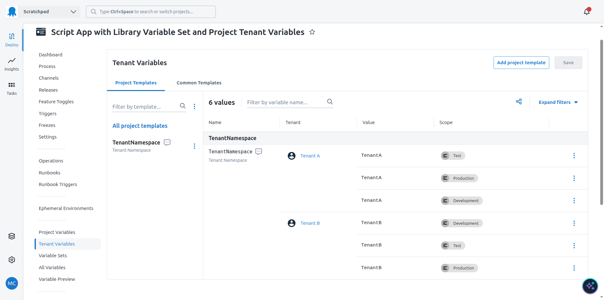 Project tenant variable values