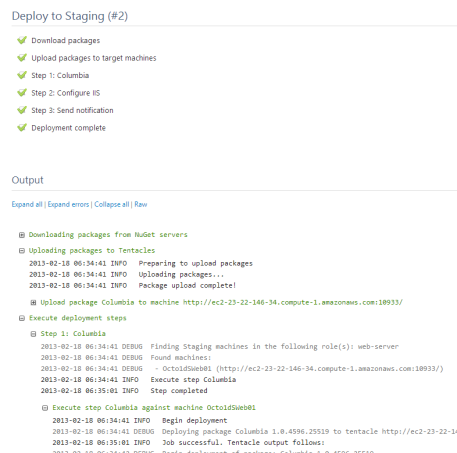 The current Octopus Deploy tasks output