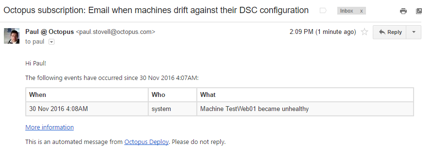 Email notification of drift