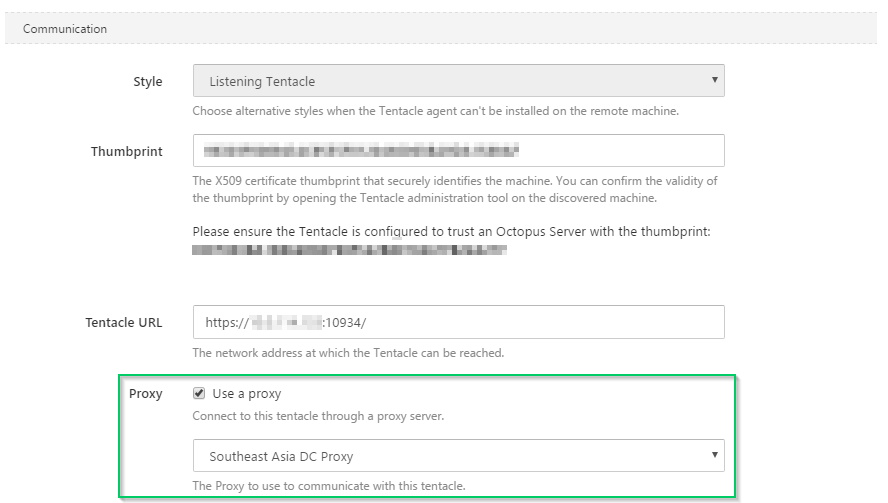 Octopus Deploy UI showing proxy support for Tentacle communications