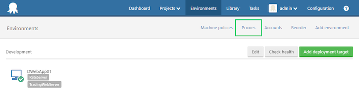 Octopus web portal proxies configuration button