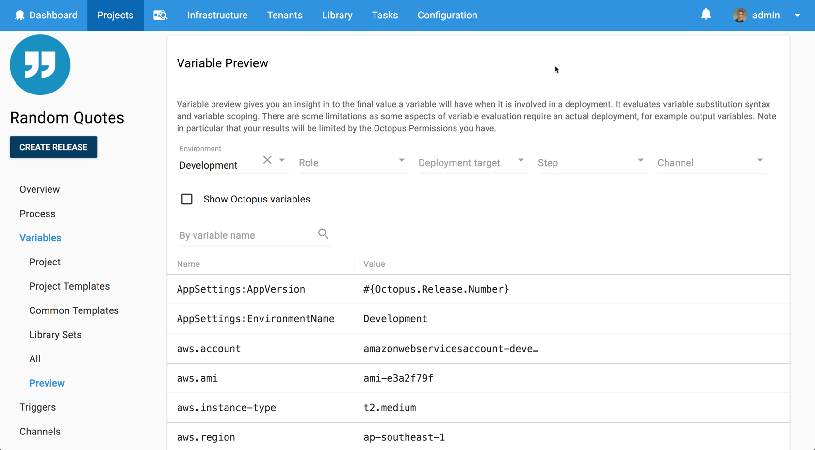 Project variables preview