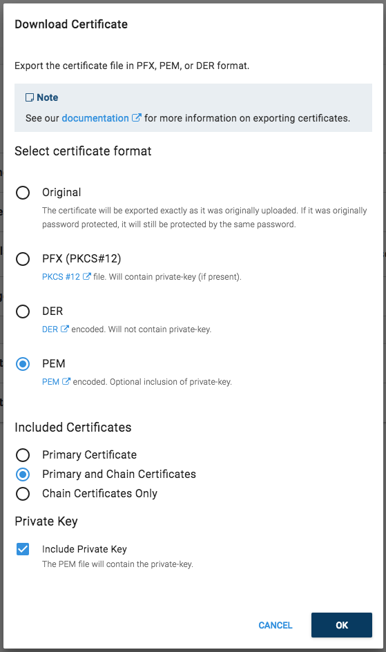 Export certificate to PEM