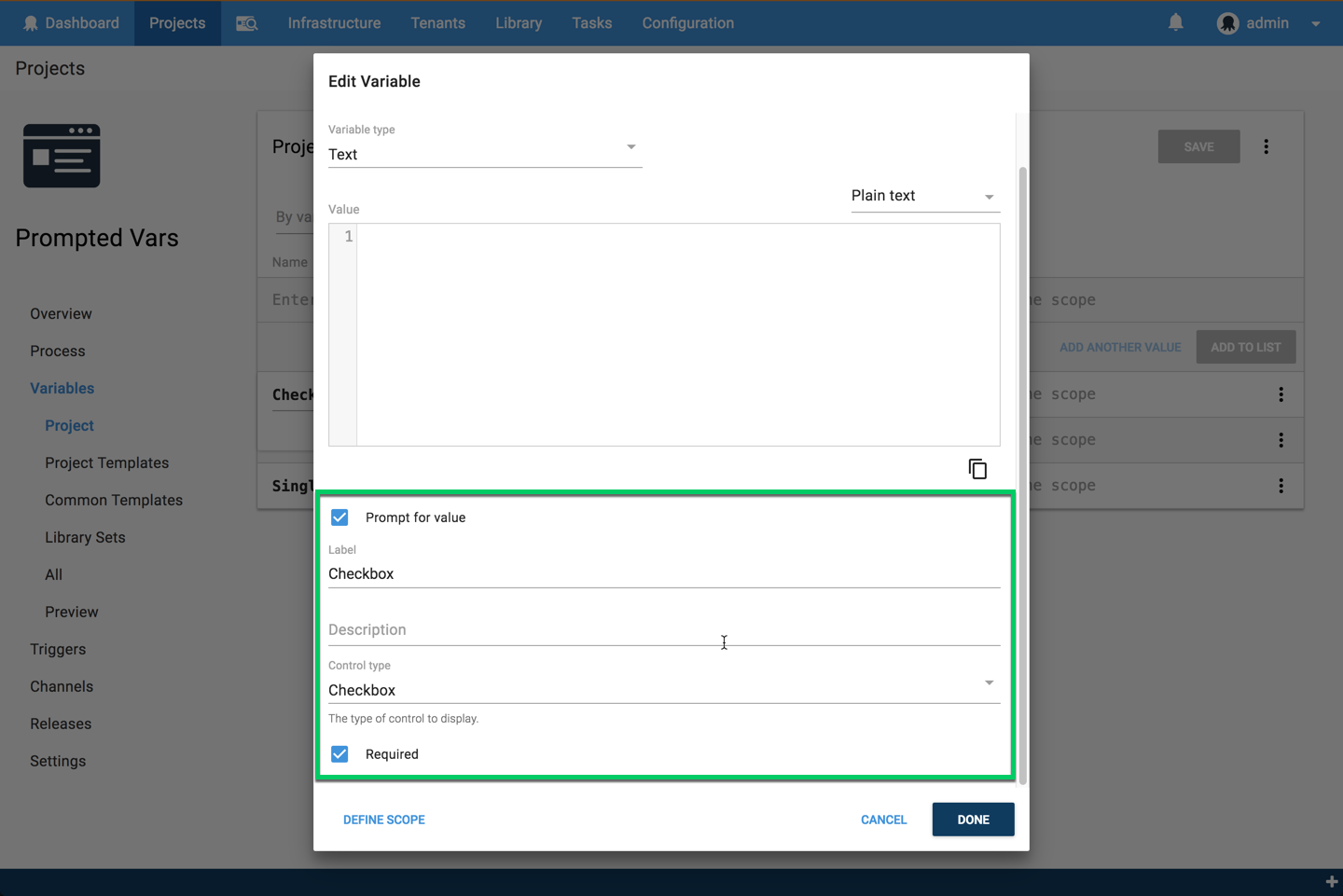 Octopus Variable Editor showing prompted variable options