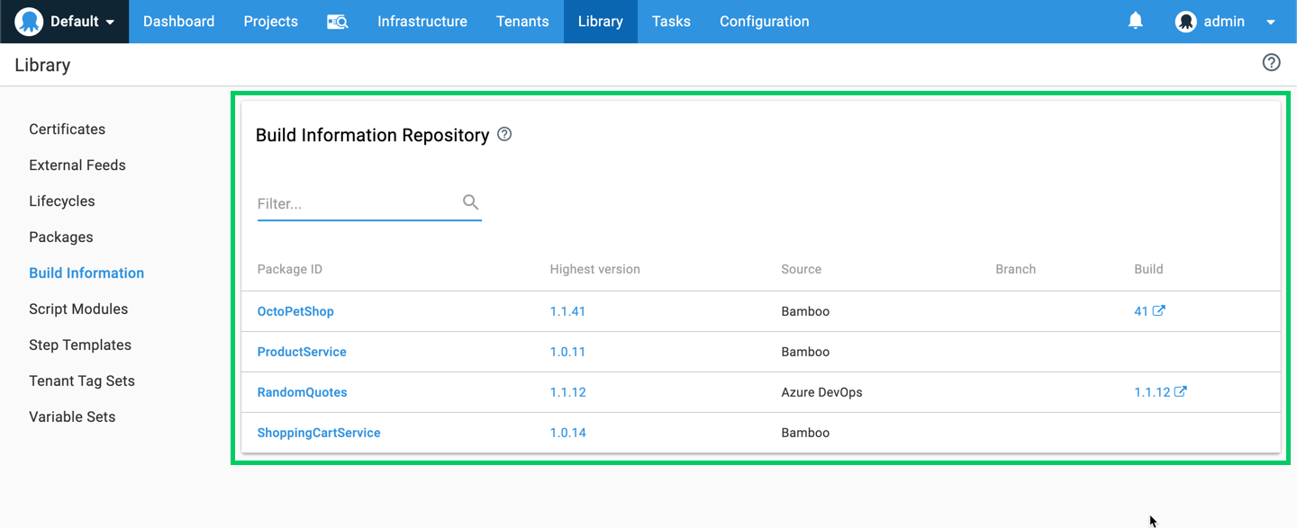 Octopus build information repository