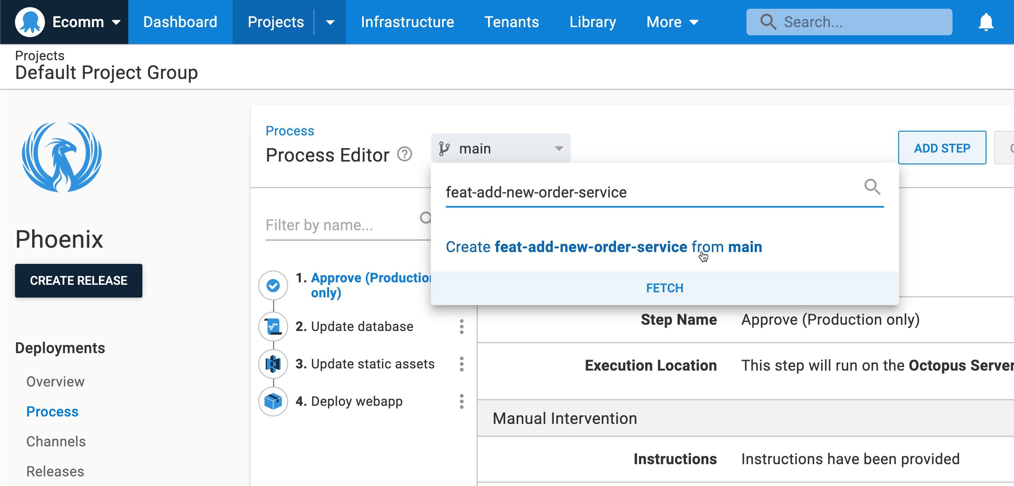 Octopus Config as Code create new branch from branch selector