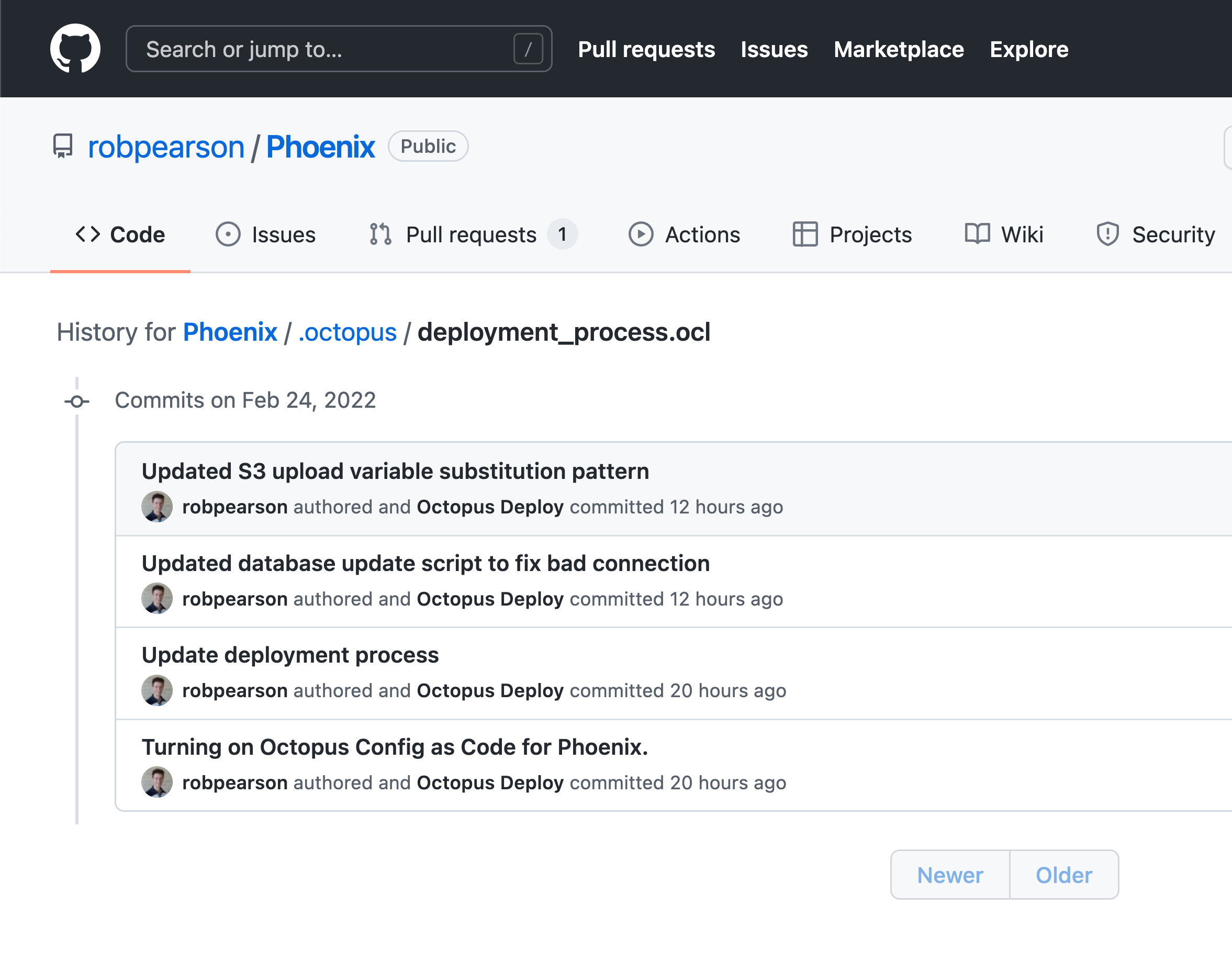 Octopus Config as code - GitHub deployment process file history