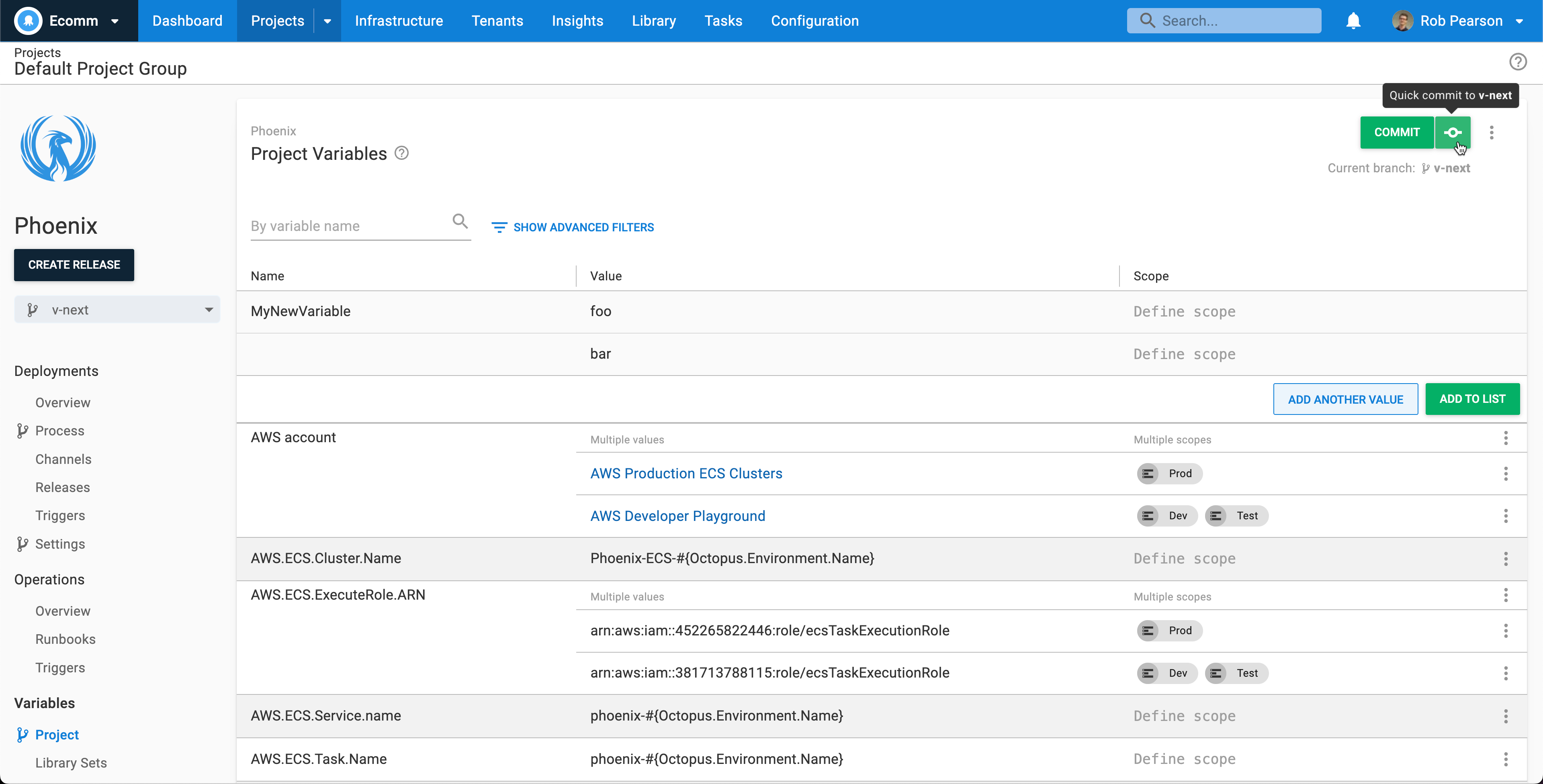 Screenshot of Octopus Deploy version-controlled variables