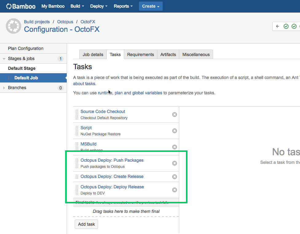 Bamboo build plan with Octopus tasks