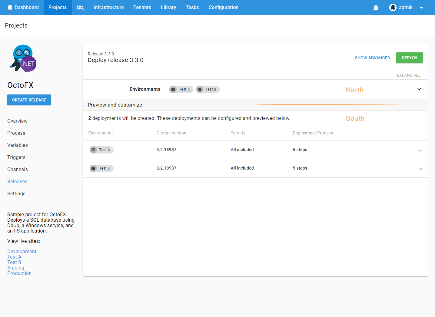 Create Deployment Page - North and South