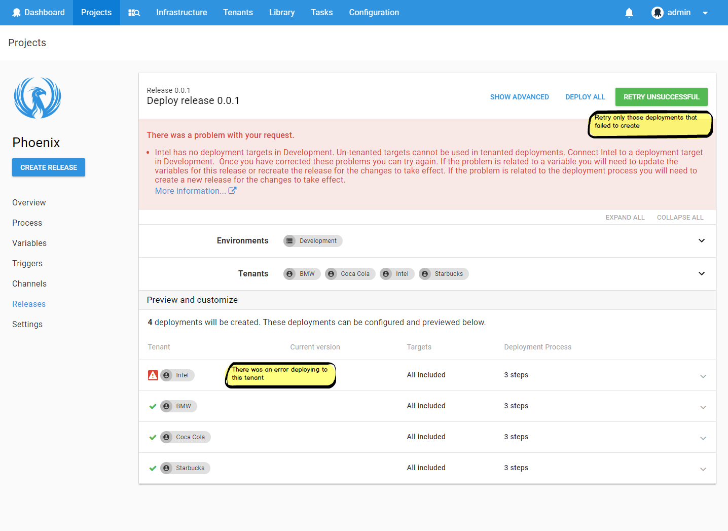 Create Deployment Page - Tenant with Error