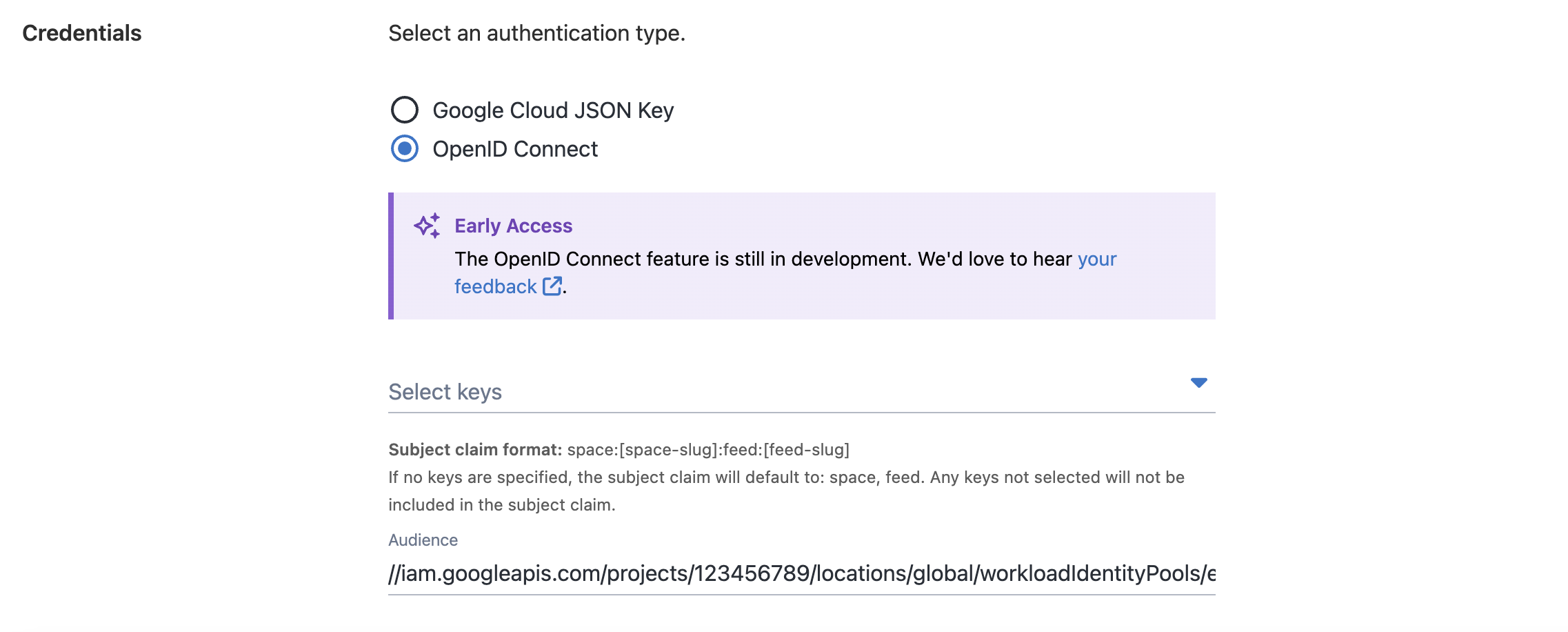 Screenshot of the GCR OIDC Credentials form fields.