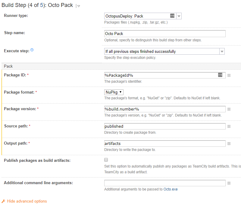TeamCity Octo pack step