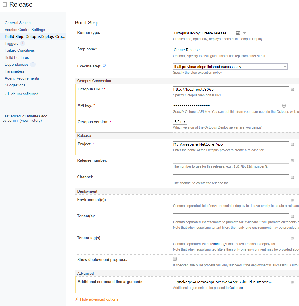 TeamCity create release step