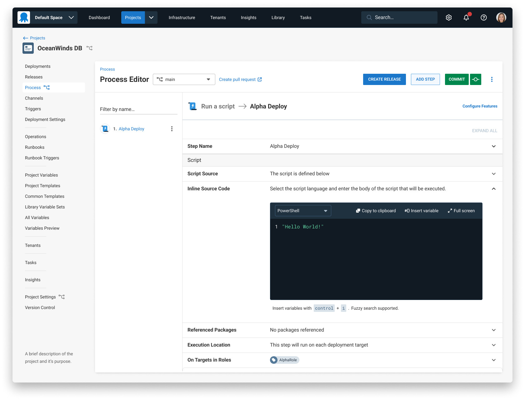 Screen shot of Octopus Deploy project layouts before