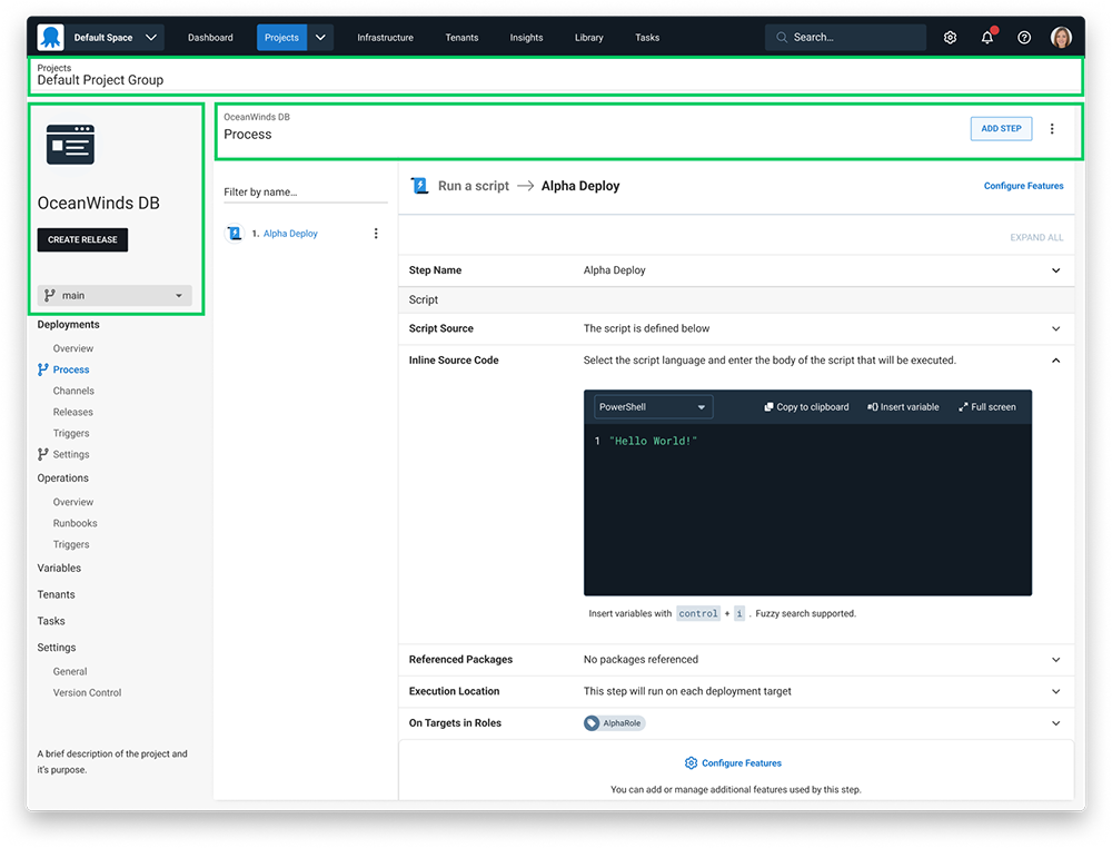 Screen shot of Octopus Deploy project layouts before