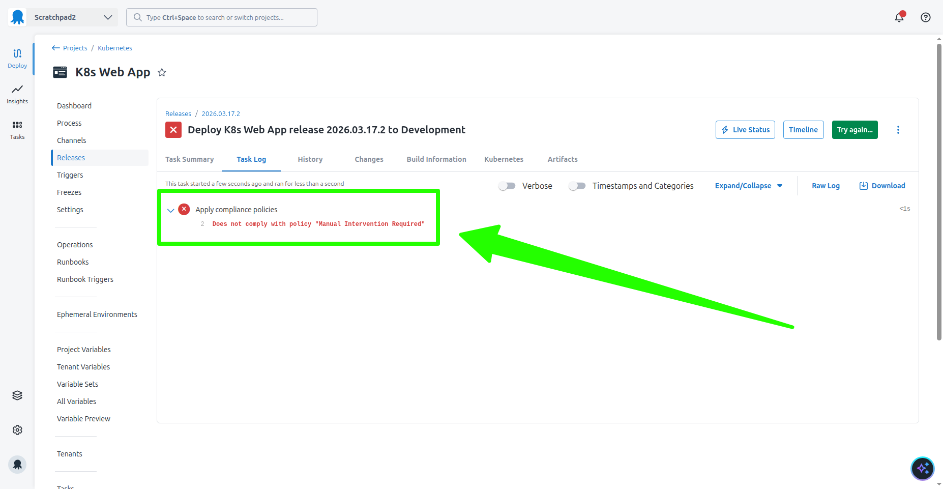 Deployment failed due to policy violation