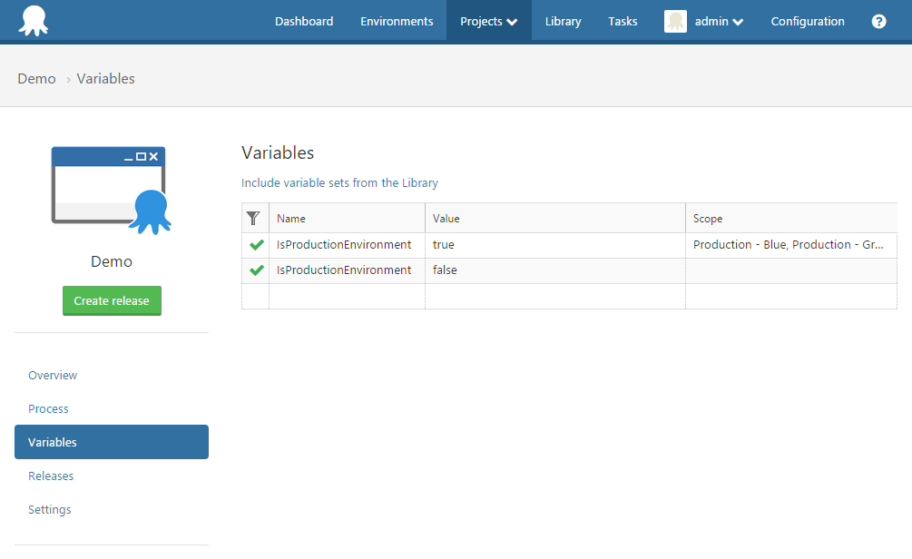 Variables screen in Octopus Deploy