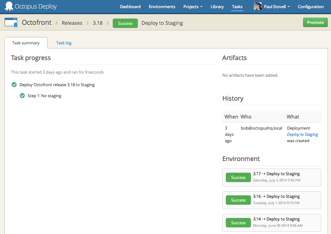 Previous deployments to an environment in Octopus Deploy UI
