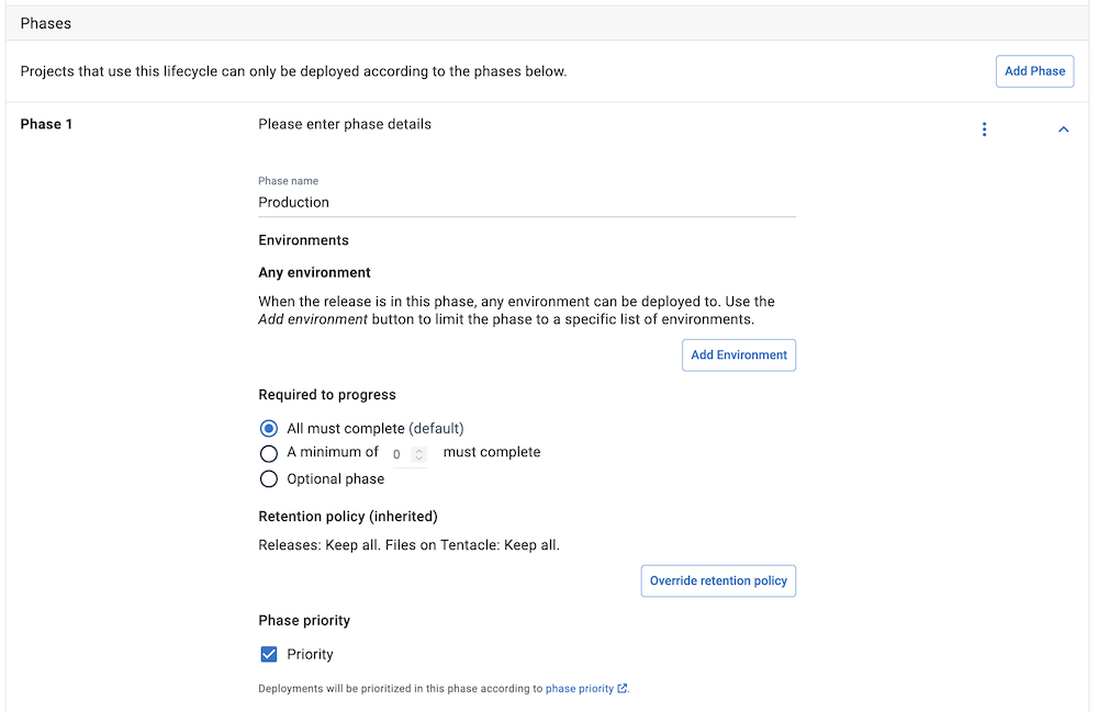 Configure priority for an environment in a lifecycle phase