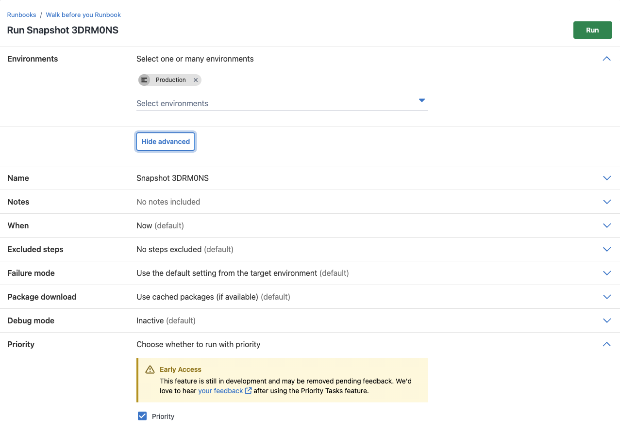 New Runbook run window showing new functionality of Priority Deployments for Runbooks