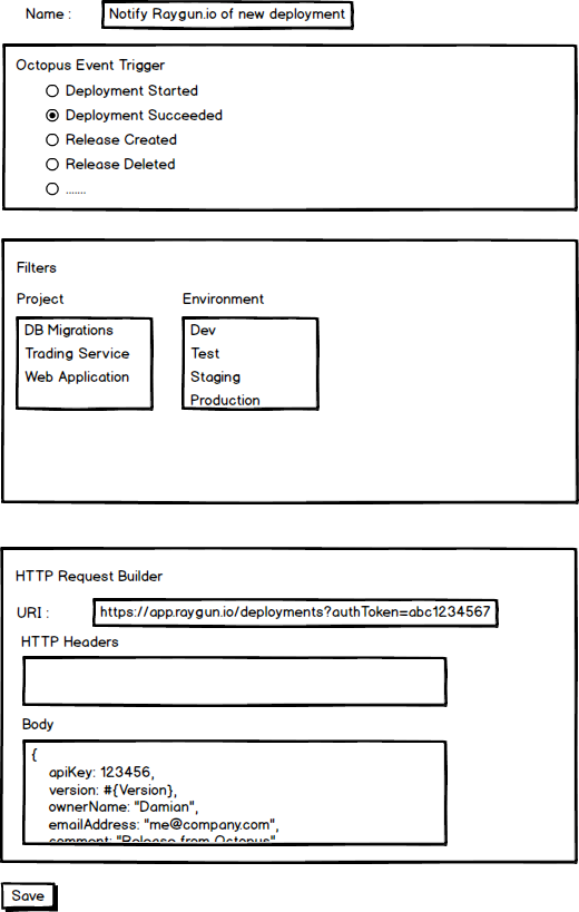 Wireframe showing the Octopus Deploy UI