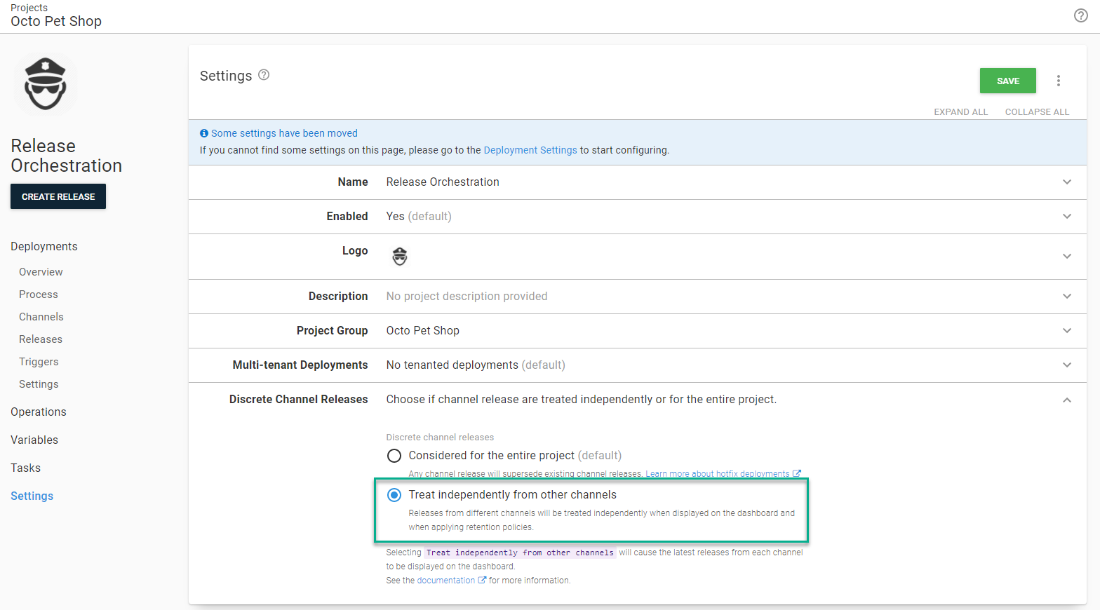 Discrete channel release setting
