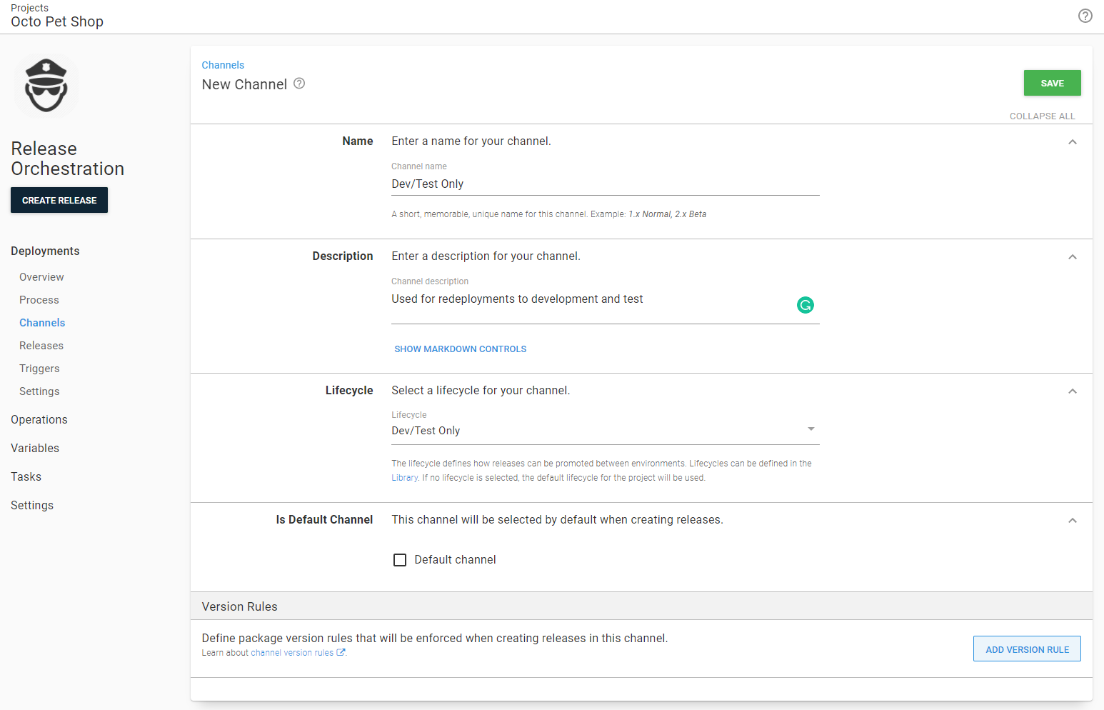 Dev and test only channel