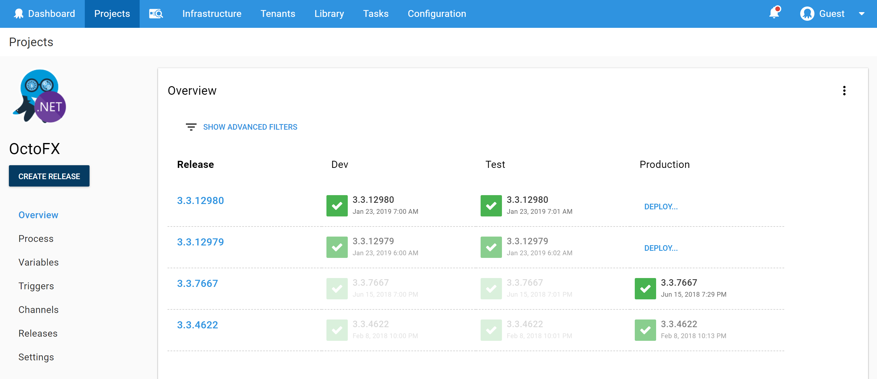Octopus Deploy dashboard