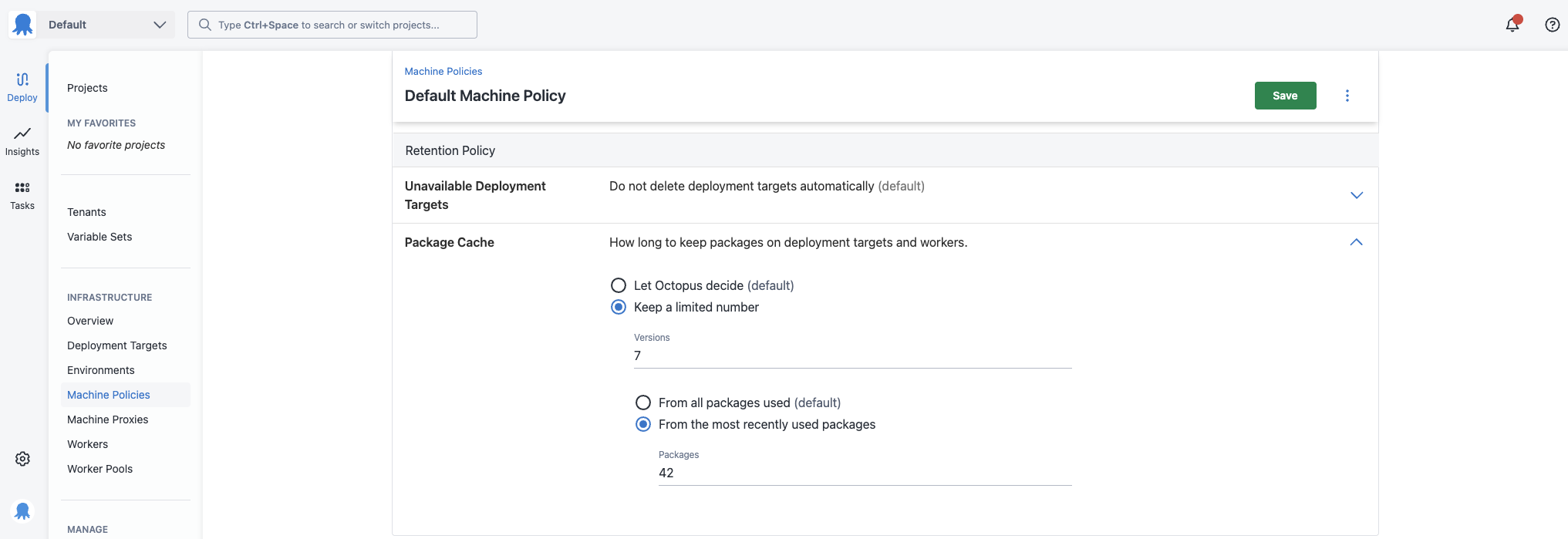 Default Machine Policy page showing where package cache retention can be set