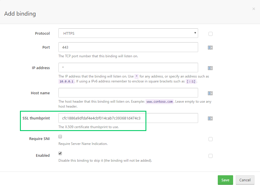 Thumbprint in HTTPS IIS binding configuration