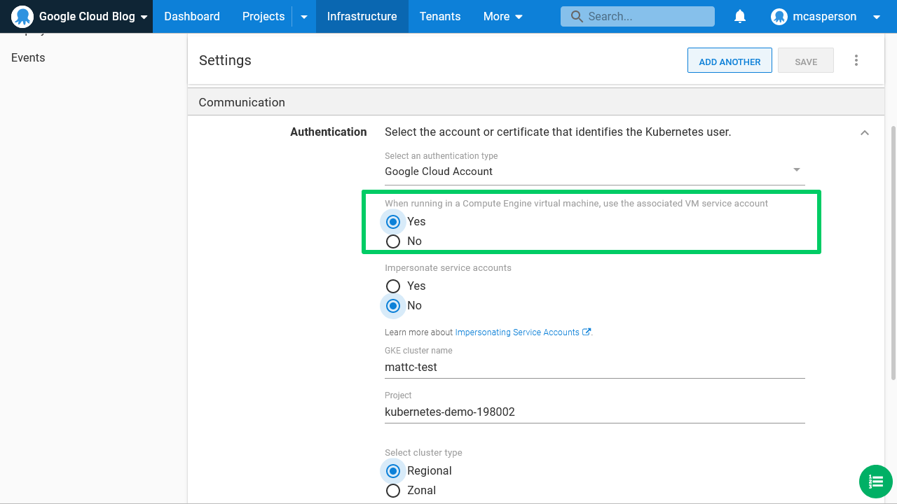 Octopus dashboard open on Infrastructure tab and Settings page showing Authentication for Google Cloud Account
