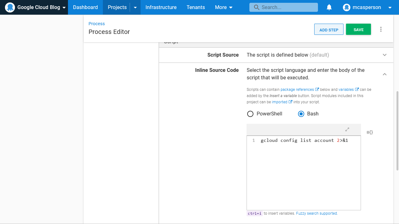 Octopus dashboard open on Projects tab showing Process Editor with Bash selected for Inline Source Code