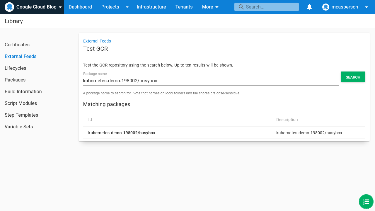 Octopus dashboard open on Library page showing External Feeds Test GCR