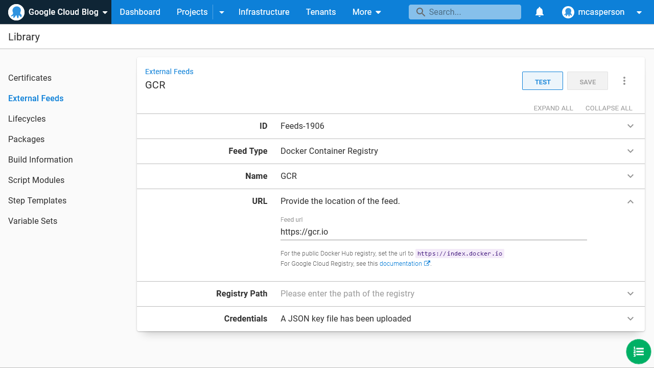 Octopus dashboard open on Library page showing External Feeds