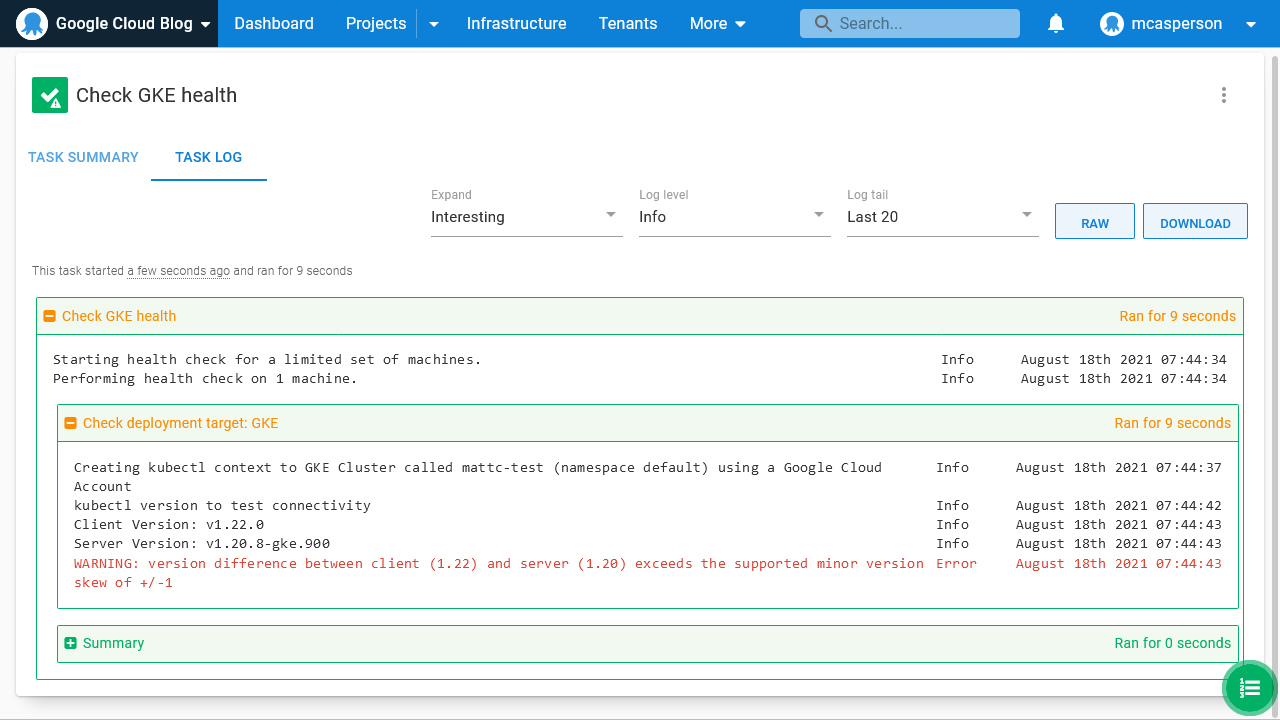 Octopus dashboard showing Check GKE health