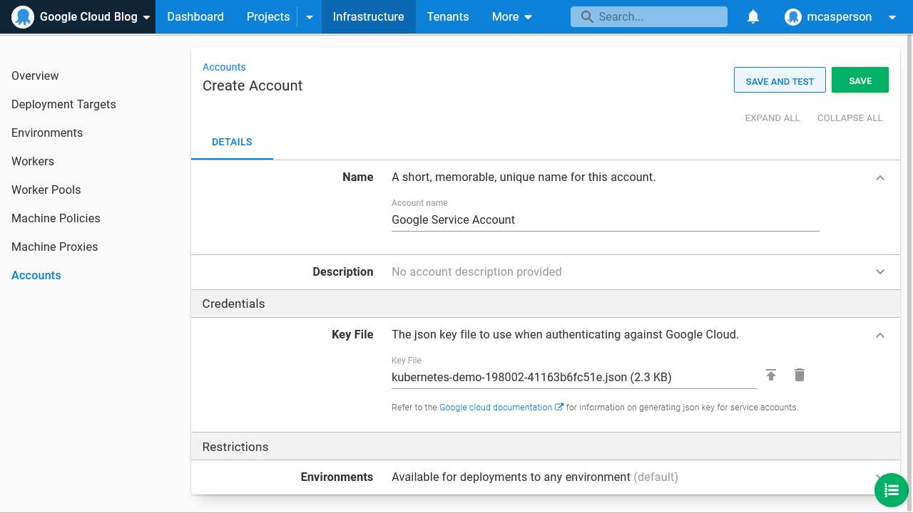 Octopus dashboard open on Infrastructure tab and Accounts page showing creating an account for Google Cloud Account