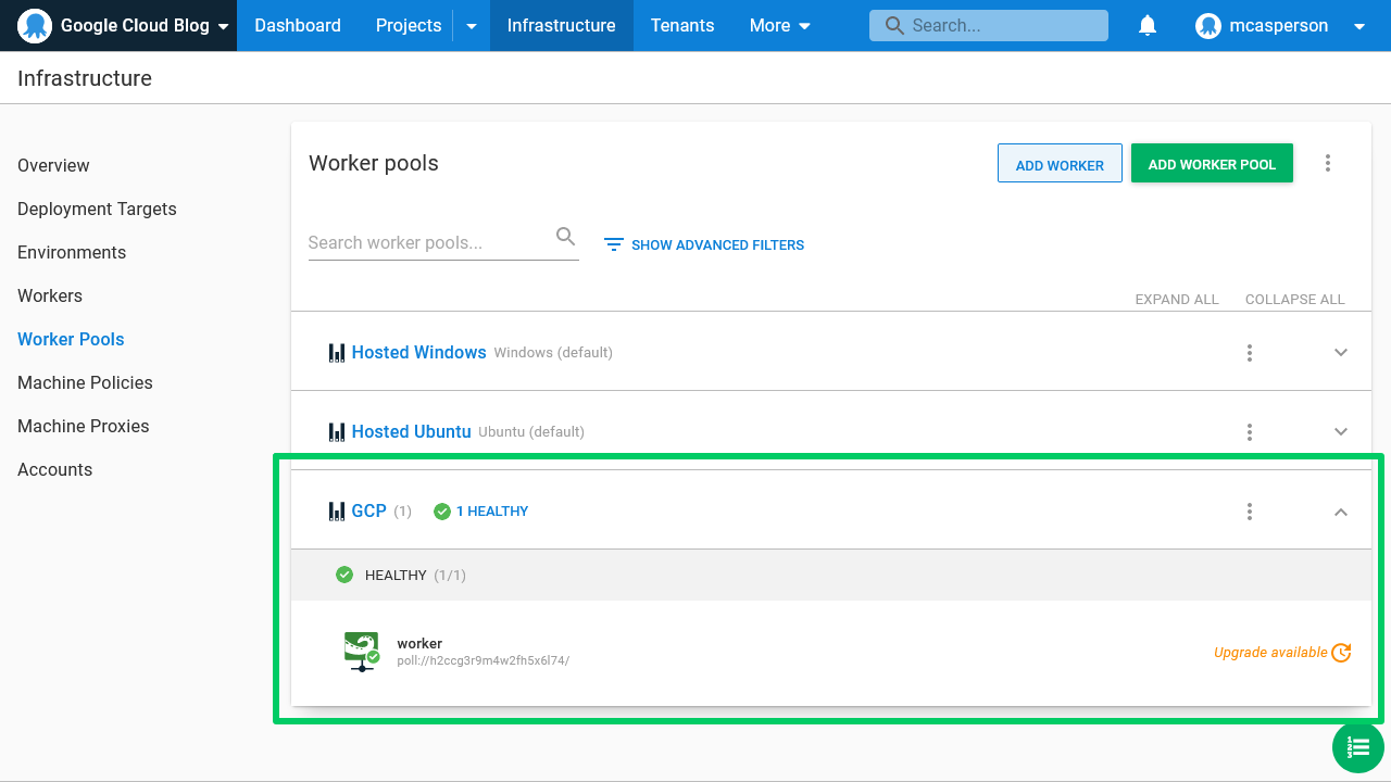 Octopus dashboard open on Infrastructure tab and Worker Pools page showing GCP Worker Pool