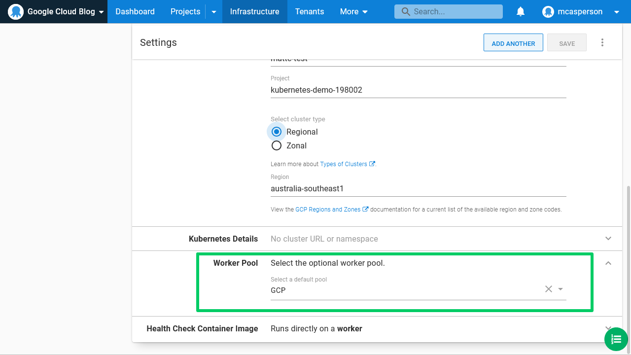 Octopus dashboard open on Infrastructure tab and Worker Pools page with Settings selected and optional Worker Pool set to GCP