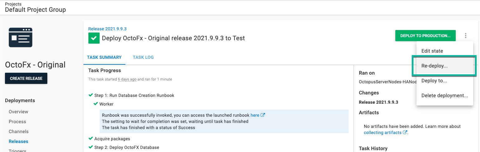 Selecting re-deploy from overflow menu