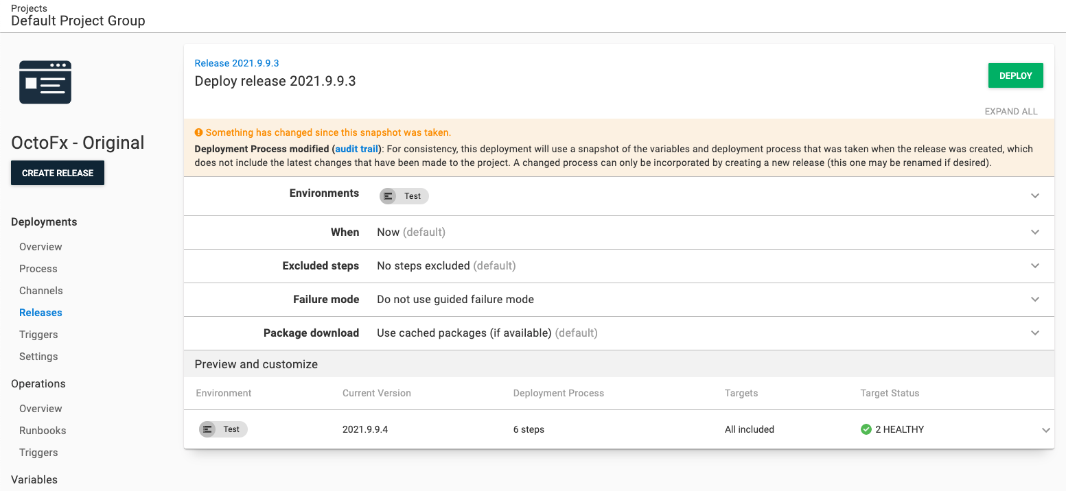 Deployment screen from the previous deployment