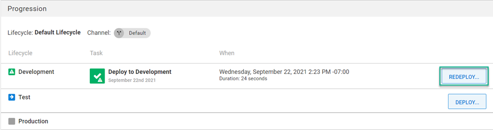 Octopus UI showing progression of default lifecycle