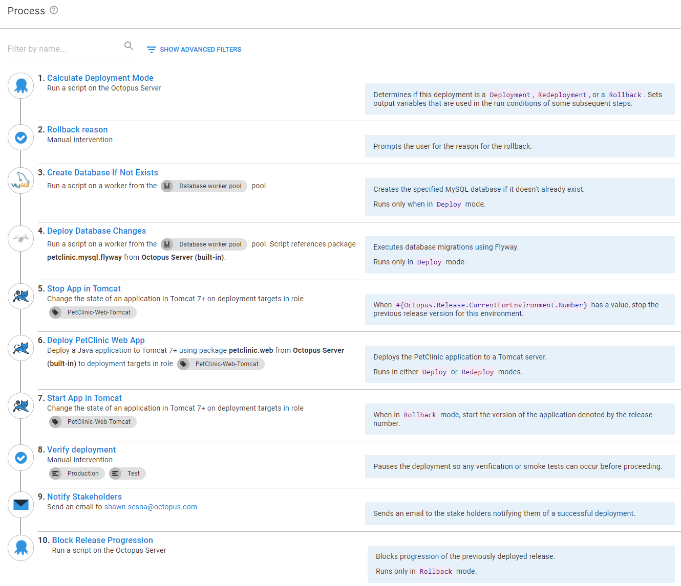 Octopus UI showing rollback process with 10 steps